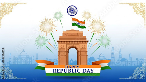 Indian republic day celebration with gateway of india and fireworks, happy republic day banner, india flag waving high with Indian flag and national holiday