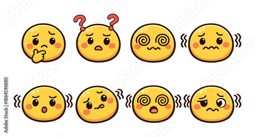 Set of eight cute cartoon emojis expressing various emotions