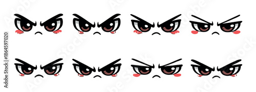 Set of eight angry anime eyes with red glow on gray background