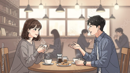 An animated young couple happily conversing over coffee and pastries in a cozy, brightly lit cafe environment.