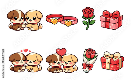 Cute cartoon puppies with gifts and flowers
