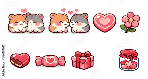 Cute cartoon hamsters and romantic valentine's day icons with hearts, gifts, and flowers