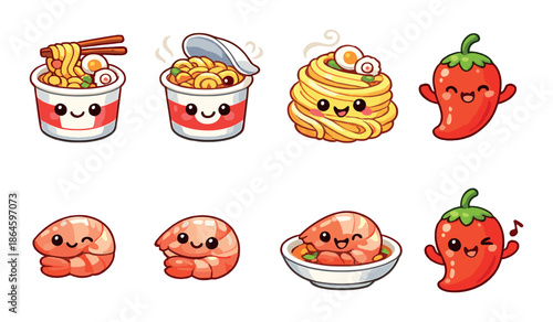 Cute kawaii food characters: noodles, shrimp, chili with smiling faces