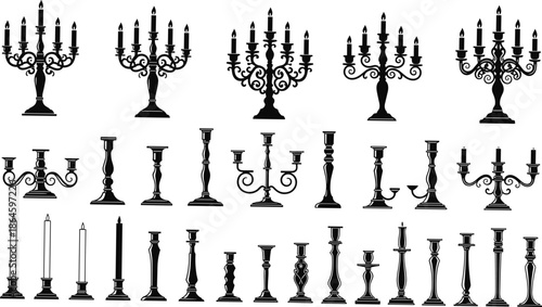 Set of vintage candelabras and antique candlesticks, elegant black silhouette vector illustrations, ornate gothic candle holders, classical interior decor elements, isolated on white, luxury home.