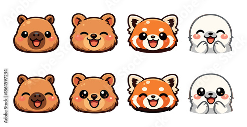 Cute bear, red panda, and seal cartoon faces with various expressions