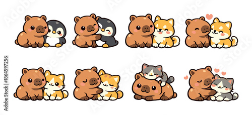 Cute animal friends: capybara, penguins, dogs, cats with expressions of love and friendship