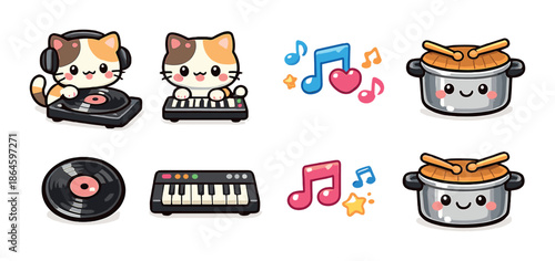 Cute cats making music with turntables and keyboards