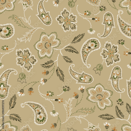 This image features an intricate and elegant pattern composed of floral and paisley motifs. The design is set against a neutral beige background, allowing the detailed elements to stand out. The flora