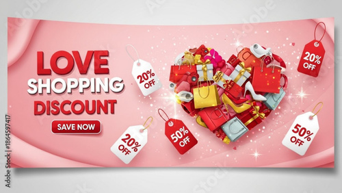 A vibrant "Love Shopping Discount" banner with a "Save Now" button features a heart shape filled with various shopping items and discount tags.