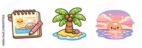Cute cartoon island adventure with smiling sun and palm tree
