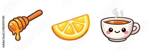 Cute honey drizzler, lemon slice, and smiling tea cup with steaming aroma