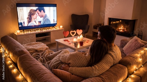 Affectionate young couple embracing and watching a romantic movie on TV in a cozy living room decorated with warm fairy lights and lit candles beside a modern fireplace.