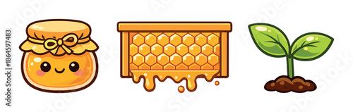 Cute honey jar and honeycomb next to a sprouting seedling