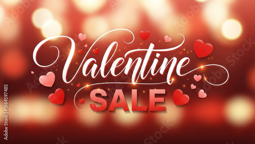 A festive 'Valentine Sale' calligraphy script with floating hearts and shimmering bokeh lights on a deep red background.