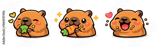Cute cartoon capybara trio eating vegetables with hearts and sparkles