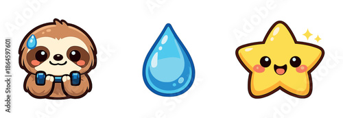 Cute cartoon sloth, water droplet, and star with smiley faces on gradient background