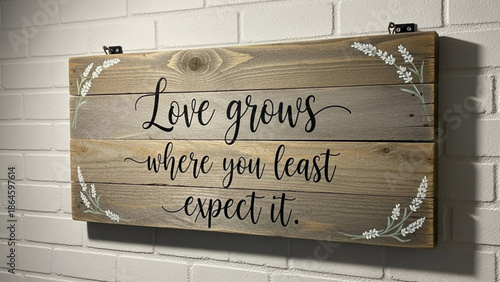 A rustic wooden plank sign displaying the heartwarming quote 'Love grows where you least expect it' on a white brick wall.