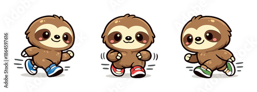 Cute cartoon sloths wearing colorful sneakers on gray background