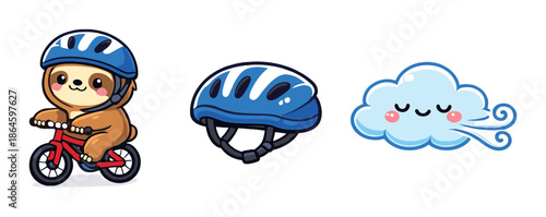Cartoon sloth riding bike with helmet and happy cloud