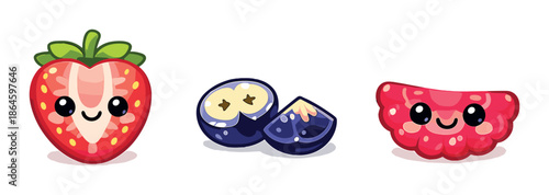 Cute cartoon style strawberry, blueberry, and raspberry characters on gradient background