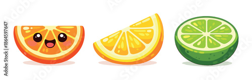Colorful cartoon citrus slices: orange, lemon, lime faces