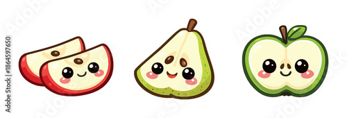 Cute kawaii fruit characters: apple, pear, and green apple with smiling faces