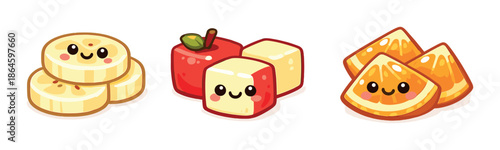 Cute cartoon fruit characters: banana, apple, and orange smiling