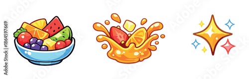 Colorful fruit icons and sparkling effects with juice splash