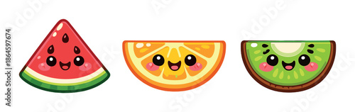 Cute kawaii fruit illustration featuring watermelon, orange, and kiwi slices