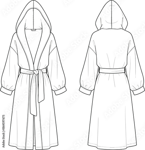 Hooded bathrobe front and back view outline illustration for fashion design, loungewear, and apparel technical drawing