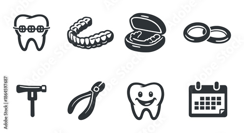 Dental icons: braces, aligners, tools, and calendar for oral care