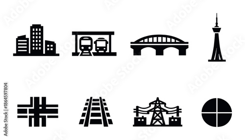 Dark mode urban infrastructure icons set with buildings and transportation