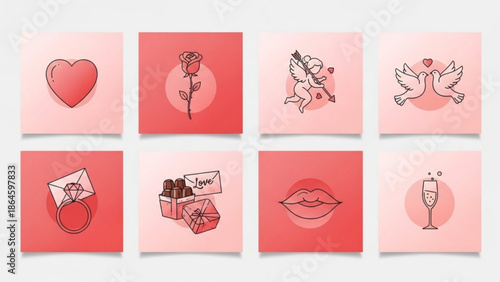 An organized grid of eight square icons depicting Valentine's Day themes such as hearts, roses, Cupid, and engagement rings on pink backgrounds.