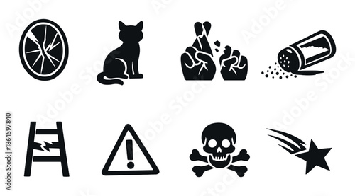 Set of eight black and white hazard symbols
