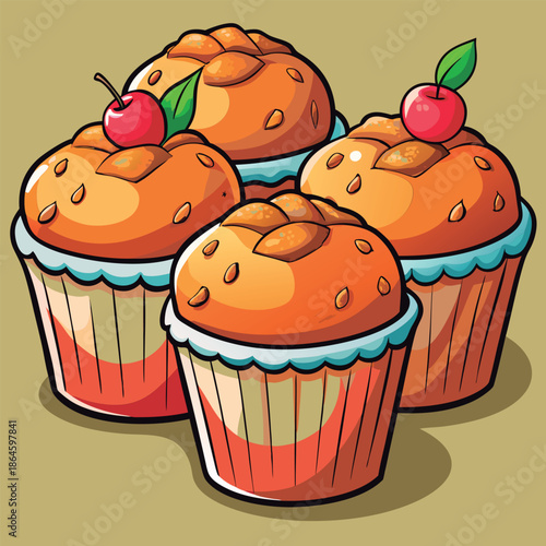 Vector illustration of a Delicious cupcakes with cherries.