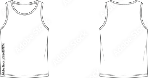 Tank top sleeveless shirt front and back view outline illustration for apparel, sportswear, and fashion design