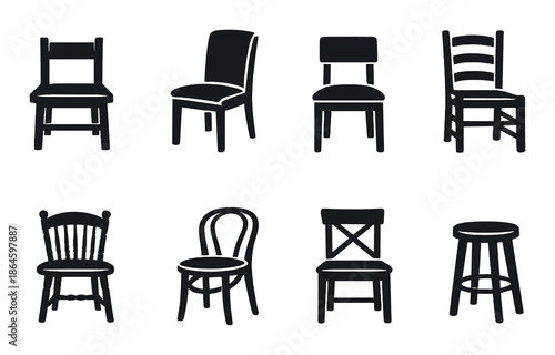 Silhouettes of eight distinct chair designs on dark background