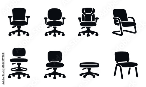 Silhouettes of various office chairs on a dark background