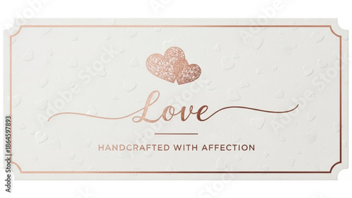 An elegant white card with rose gold accents and embossed hearts, featuring the text 'Love Handcrafted with Affection'.