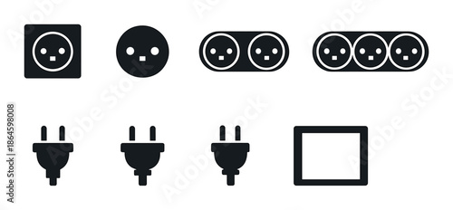 Black and white electrical socket and plug icons on gray background