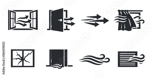 Set of icons representing airflow through windows and ventilation systems