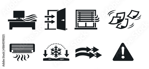Black office icon set: desk, door, window, papers, air conditioner, ventilation, warning