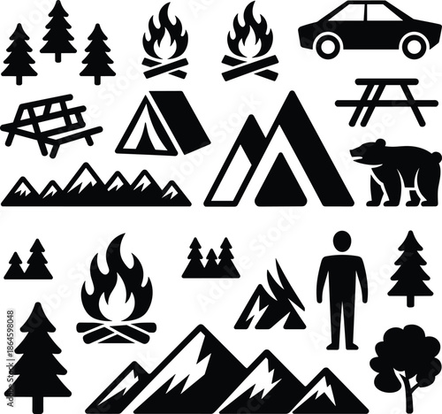 Outdoor camping silhouette icon set with mountains forest campfire wildlife car tent picnic hiking adventure nature travel collection
