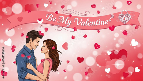 An enchanting digital illustration depicts a loving couple embracing tenderly beneath a 'Be My Valentine' banner amidst a shower of red heart petals and shimmering bokeh lights.