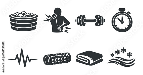 Monochrome fitness icons: recovery, training, massage, relaxation