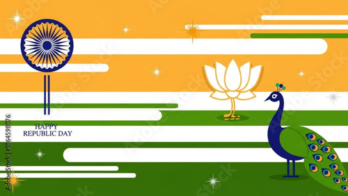 Indian republic day celebration background with peacock, lotus flower and wheel symbol on indian flag colors with national and holiday and patriotic