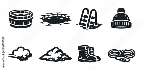 Winter outdoor gear and activities icons on gray background