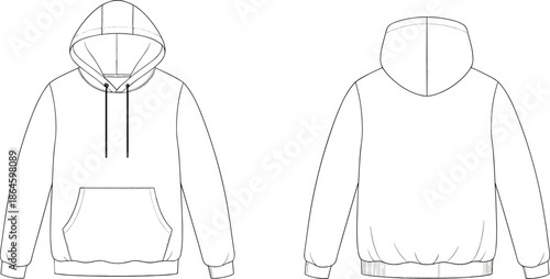 Hoodie sweatshirt front and back view outline illustration with hood and pocket for fashion design isolated on white