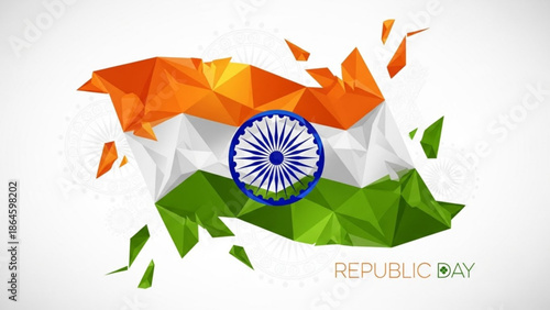 Indian republic day celebration with geometric national flag and ashoka chakra on white background with Indian flag and geometric art and nationalism