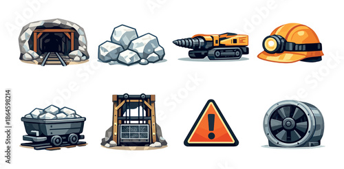 Set of cartoon mining icons: helmet, drill, rocks, mine entrance, cart, fan, warning sign